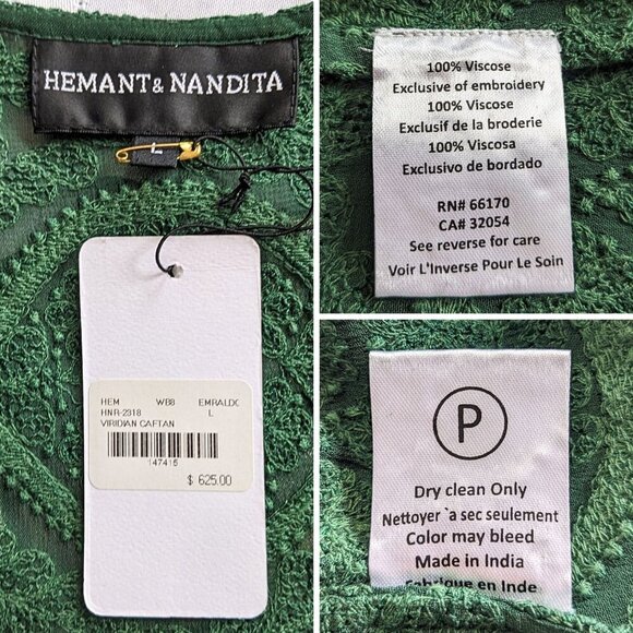 NWT HEMANT & NANDITA Viridian Aari Zardozi Metallic Embroidered Tassel Caftan L - Picture 3 of 10